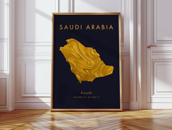 Saudi Arabia Map Poster Gold Asia Wall Art Print Home Decor Geography Gift Wallpaper