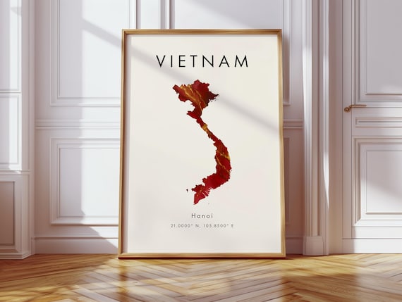 Vietnam Map Poster Red And Gold Asia Wall Art Print Home Decor Geography Gift Wallpaper