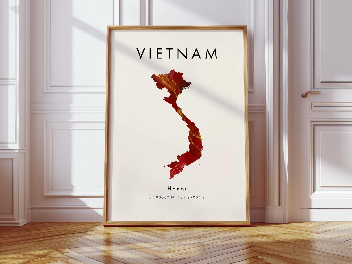 Vietnam Country Map Red and Gold Marble Poster with Hanoi Detail