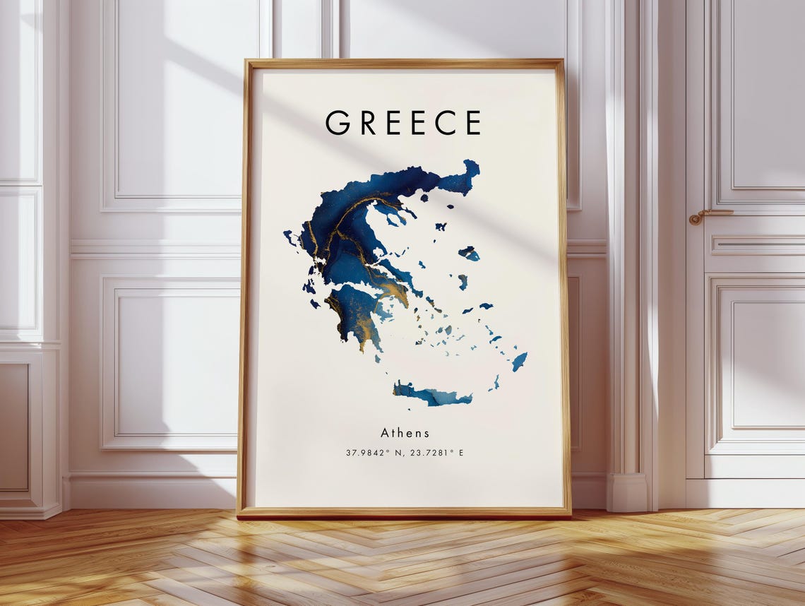 Greece Blue Gold Map Poster Athens Coordinates Travel Decor Gift