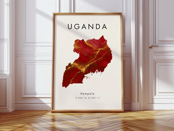 Uganda Map Poster Red And Gold Africa Wall Art Print Home Decor Geography Gift Wallpaper