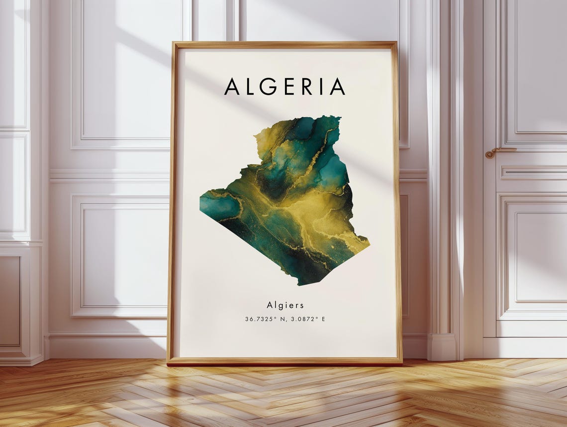 Algeria Map Watercolor Green and Gold Algiers Geography Poster