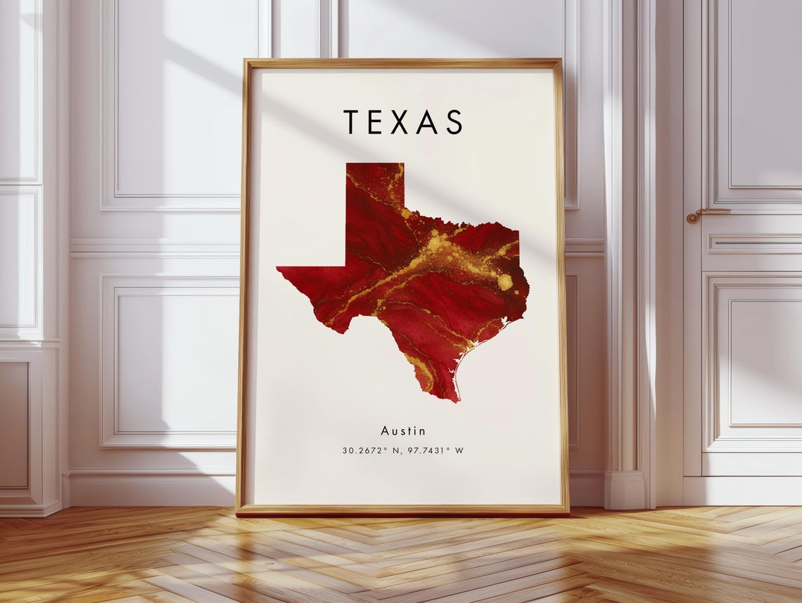Texas State Red Gold Marble Map Austin Coordinates Minimalist Poster