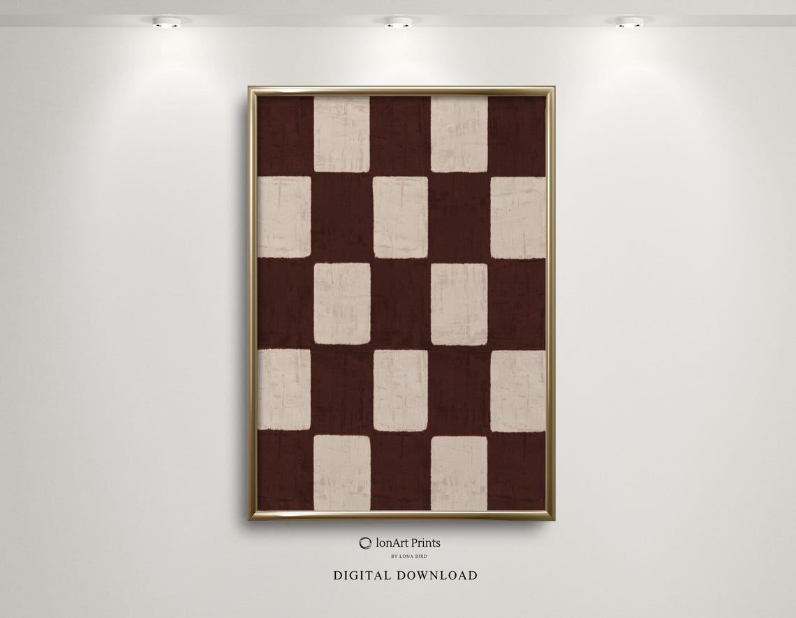 Burgundy And Cream Checkerboard Minimalist Geometric Art Poster