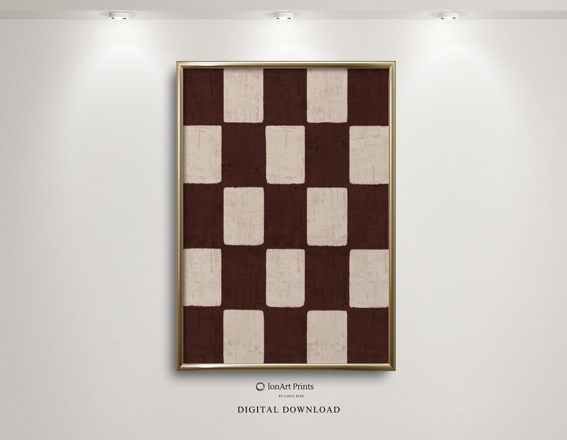 Modern Checkerboard Wall Art Minimalist Abstract Print Neutral Brown Beige Pattern Vertical Geometric Checkered