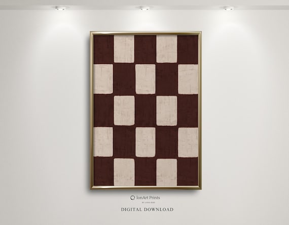 Modern Checkerboard Wall Art Minimalist Abstract Print Neutral Brown Beige Pattern Vertical Geometric Checkered
