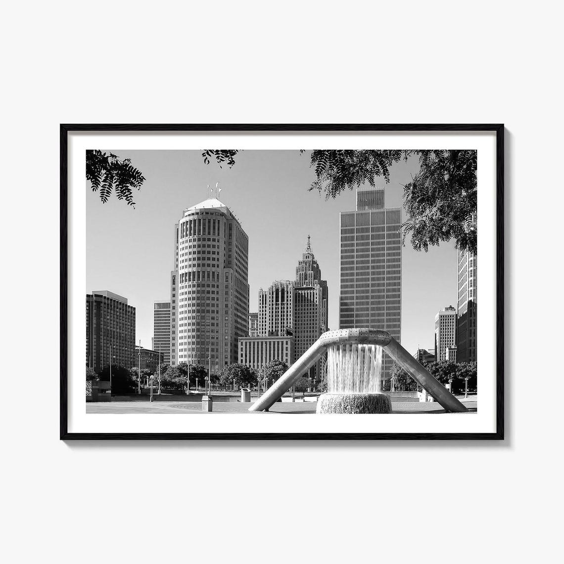 Detroit Michigan Black White Downtown Skyline Fountain Poster