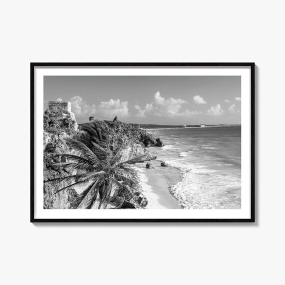 Tulum Mexico Mayan Ruins Cliff Black and White Caribbean Poster