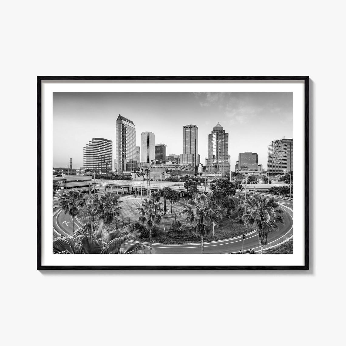 Tampa Florida Downtown Skyline Black And White Palm Trees Poster