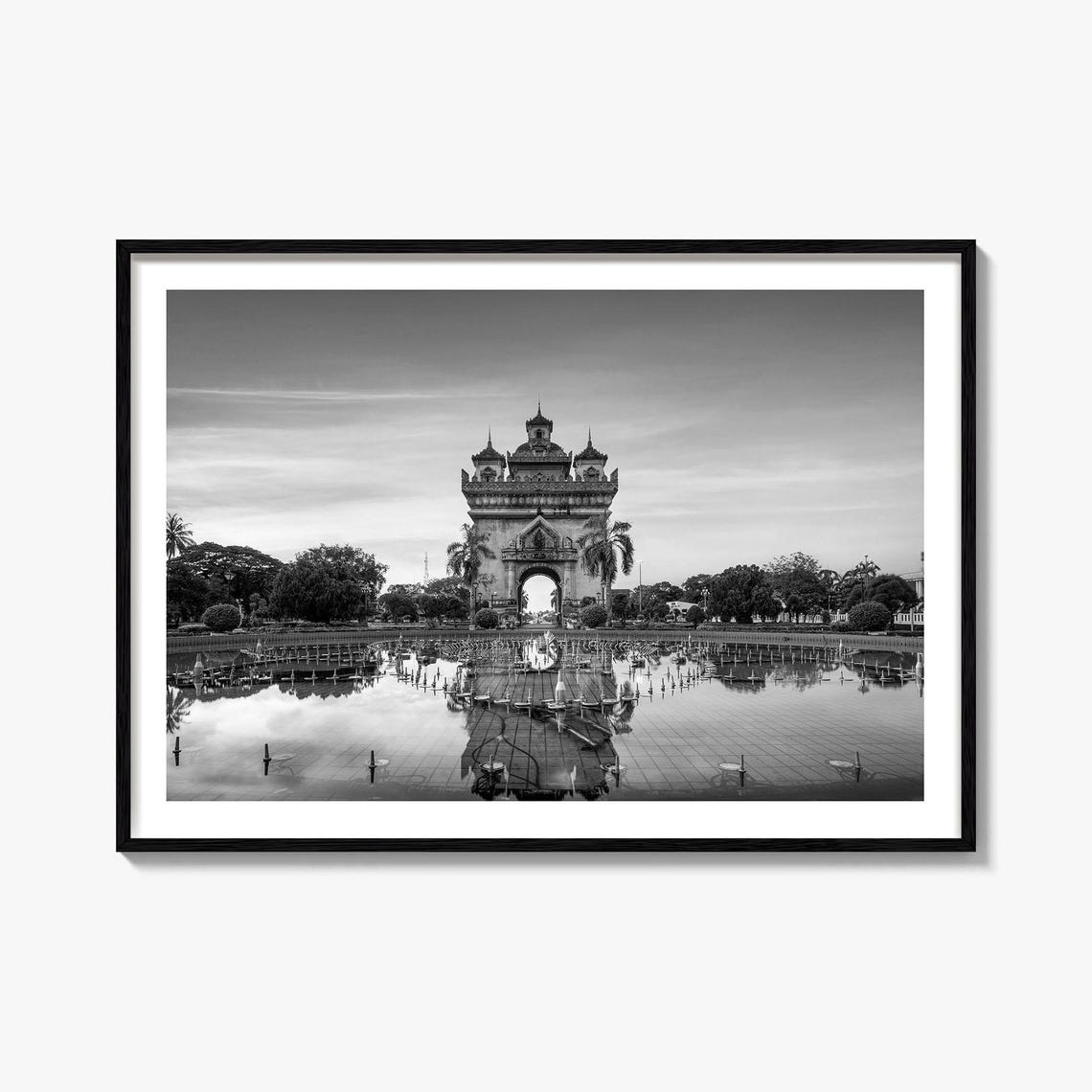 Vientiane Laos Patuxai Monument Black and White Reflection Poster