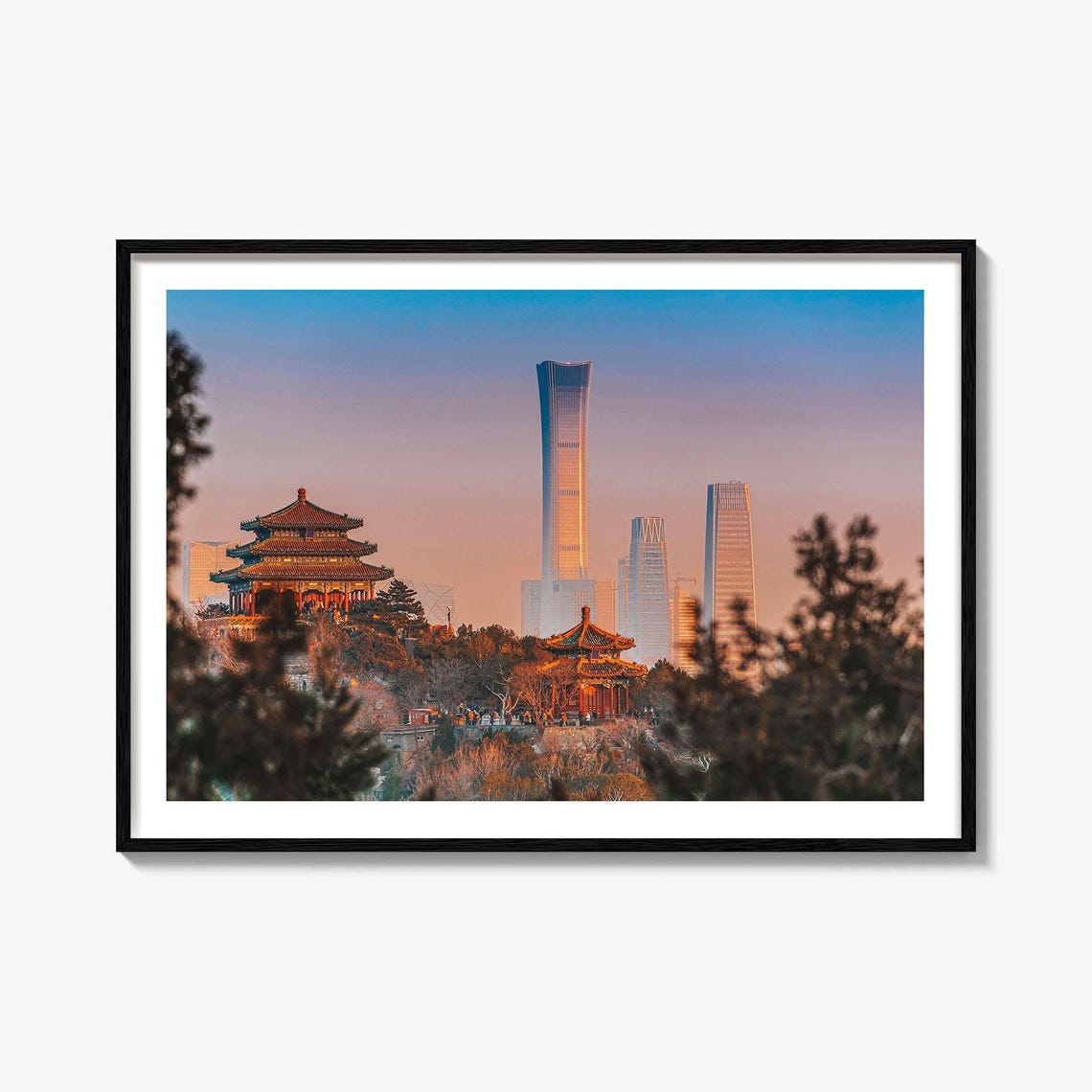 Beijing China Temple Pavilions Modern Skyline Sunset Photo Poster