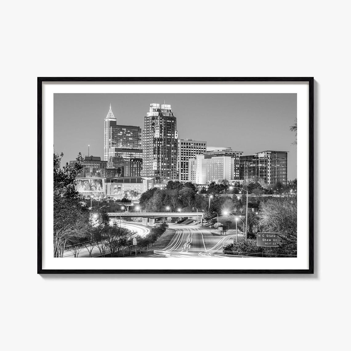 Raleigh North Carolina Downtown Skyline Night Black and White Poster