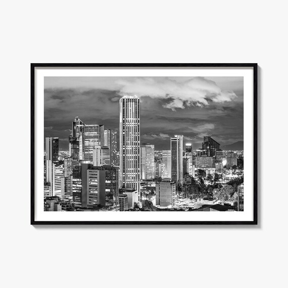 Bogota Colombia City Skyline at Night Black and White Photography Poster