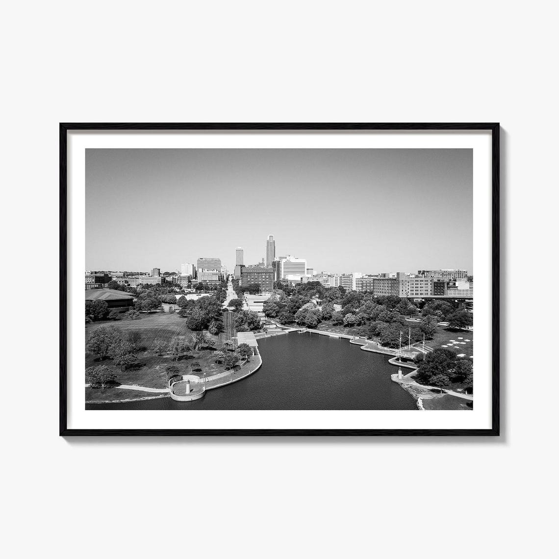 Omaha Skyline Missouri Riverfront Park Aerial Black White Poster