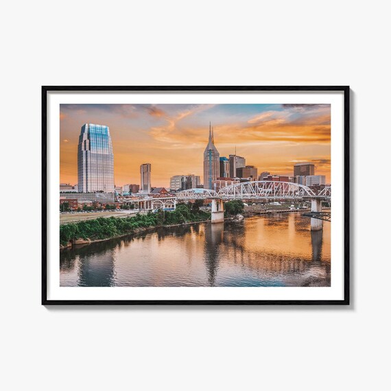 Nashville Tennessee Skyline Sunset Cumberland River Photo Art Poster