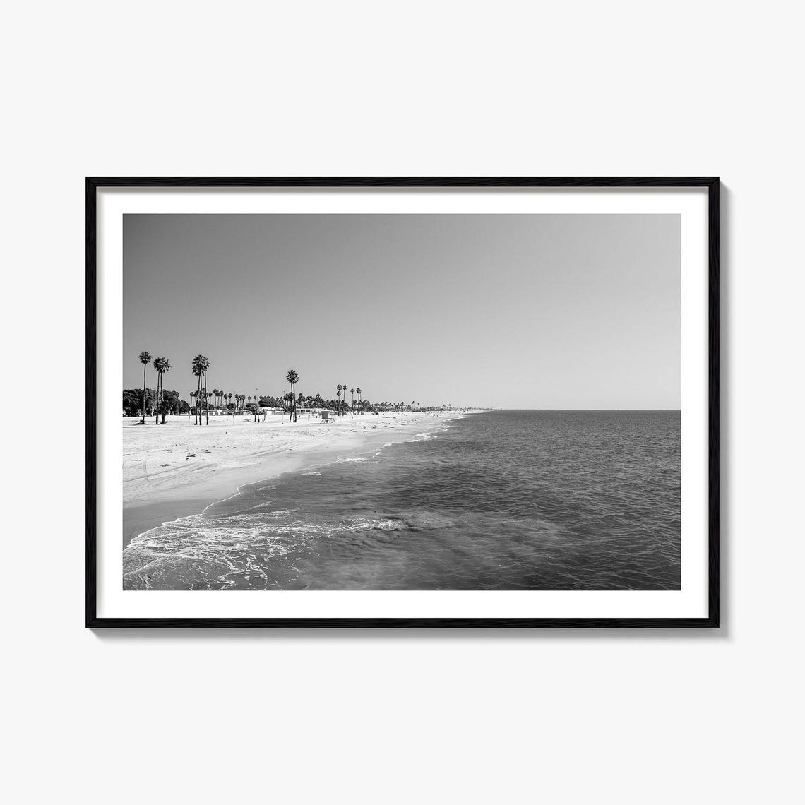Hermosa Beach California Palm Trees Shoreline Waves Black White Poster