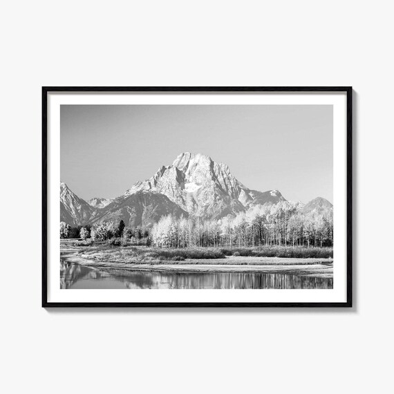 Grand Teton National Park Snowcapped Mountain Reflection Black White Poster