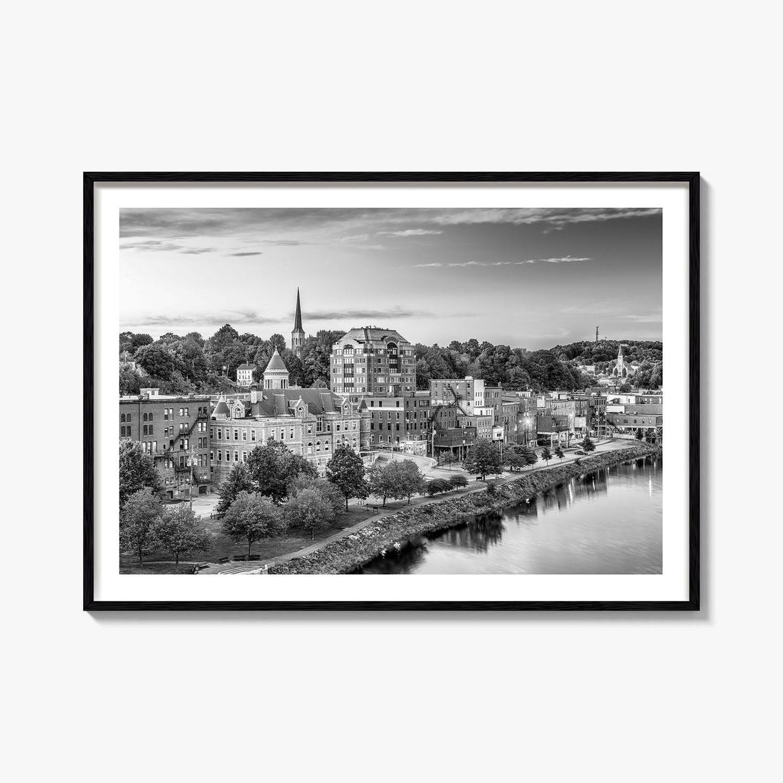 Maine Riverside Historic Town Black White Travel Photo Poster