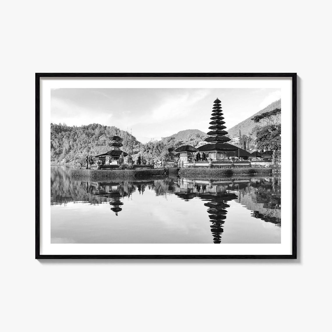 Bali Indonesia Ulun Danu Beratan Temple Lake Black And White Poster