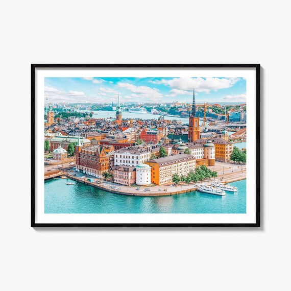 Stockholm Sweden Old Town Aerial Harbor Colorful Travel Photography Poster