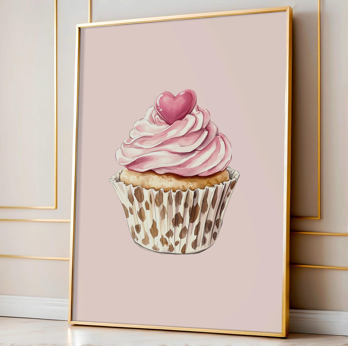 Pink Cupcake Watercolor Leopard Wrapper Sweet Dessert Poster