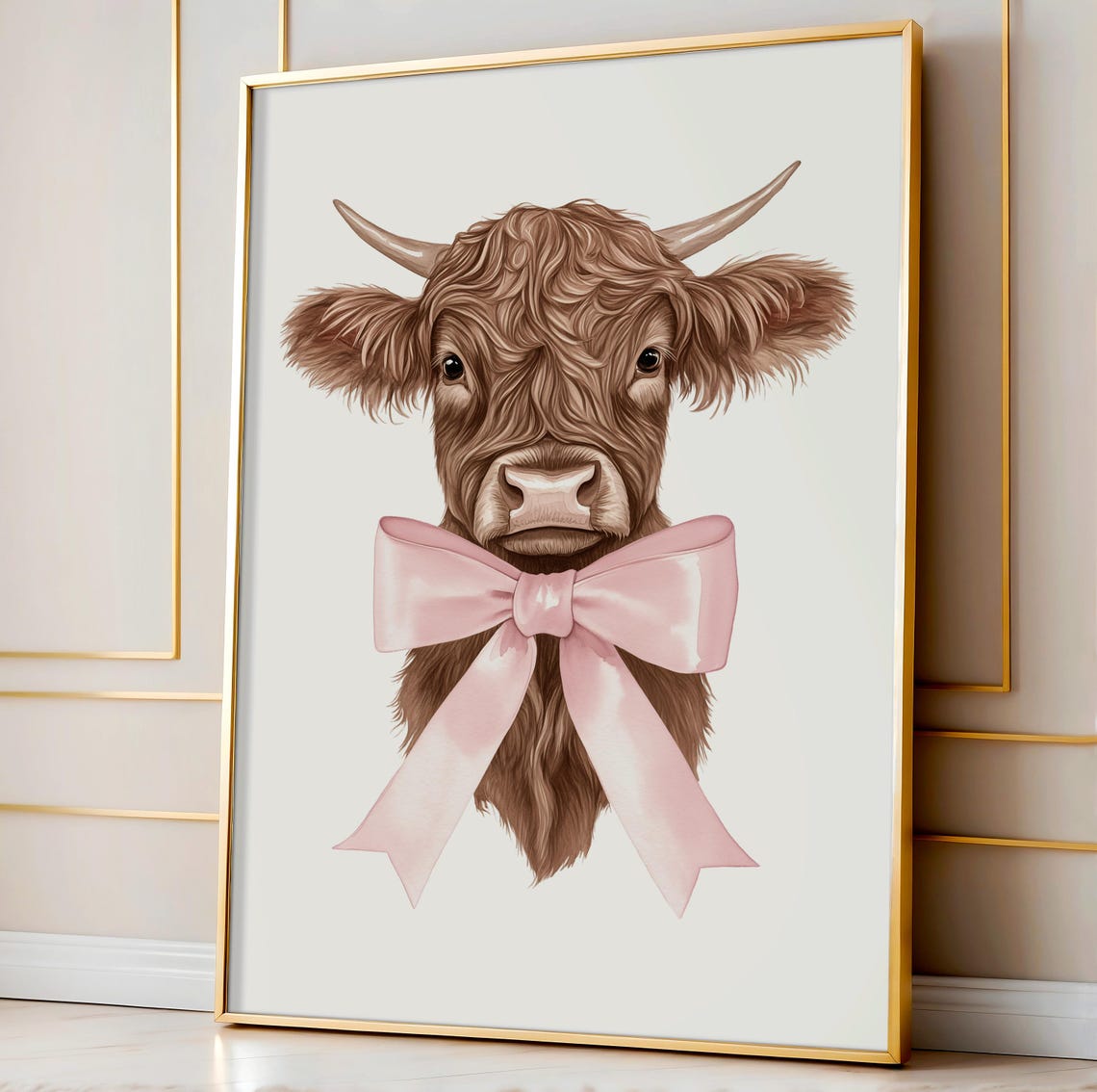 Highland Cow Pink Bow Coquette Watercolor Farm Animal Wall Art