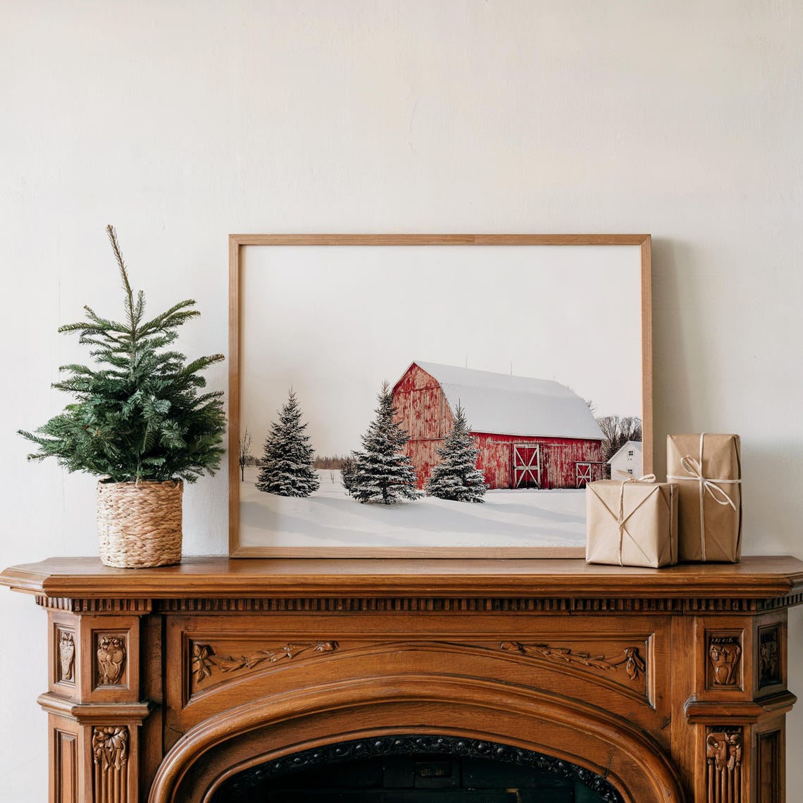 Red Barn Winter Snow Evergreen Trees Rustic Farm Landscape Print - Image 2