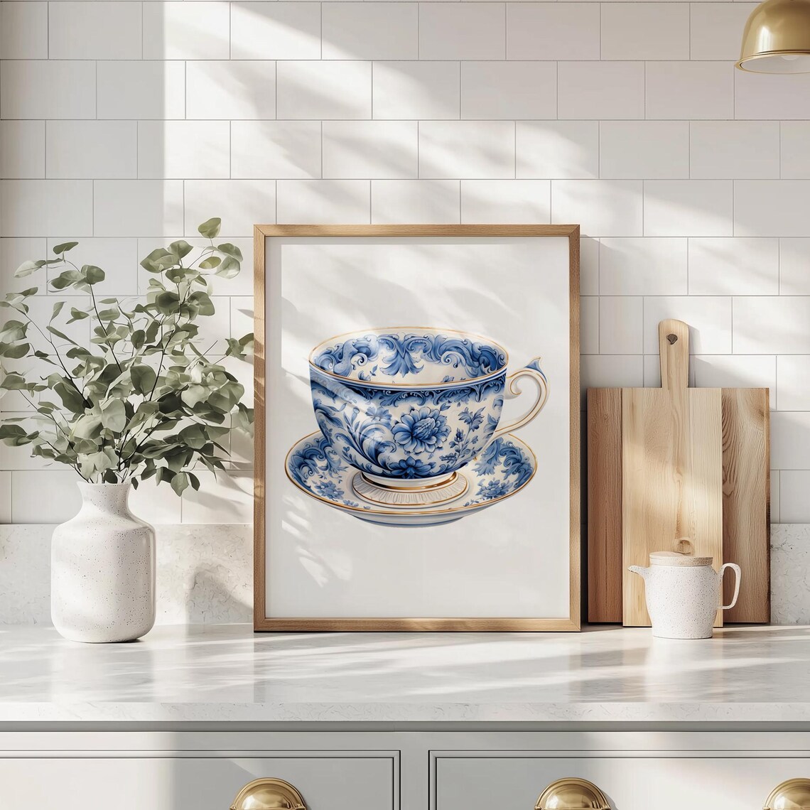Chinoiserie Teacup Blue White Porcelain Floral Saucer Set Decor Poster - Image 2