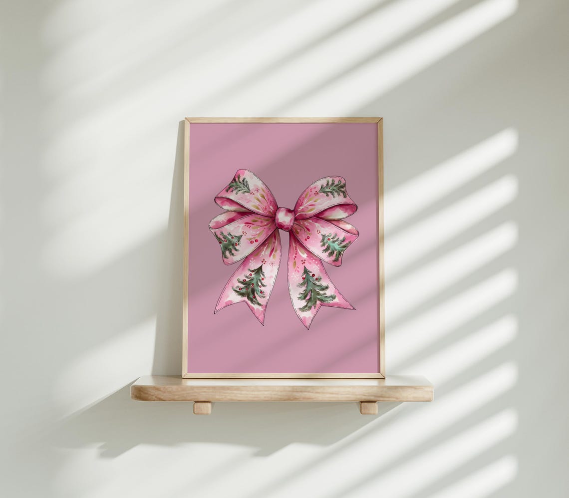 Pink Christmas Tree Ribbon Bow Watercolor Holiday Decor Art Print - Image 2