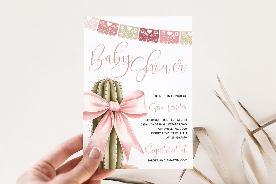 Editable Cactus Pink Bow Baby Shower Invitation Template Print - Image 3
