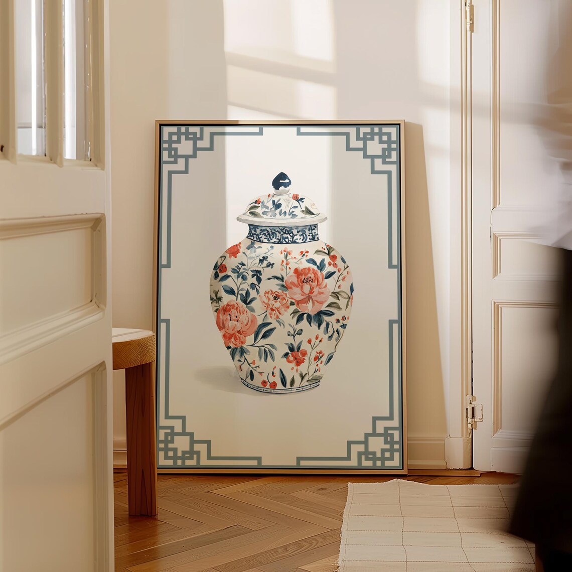 Floral Chinoiserie Ginger Jar Orange Peony Blue Fretwork Wall Art - Image 3