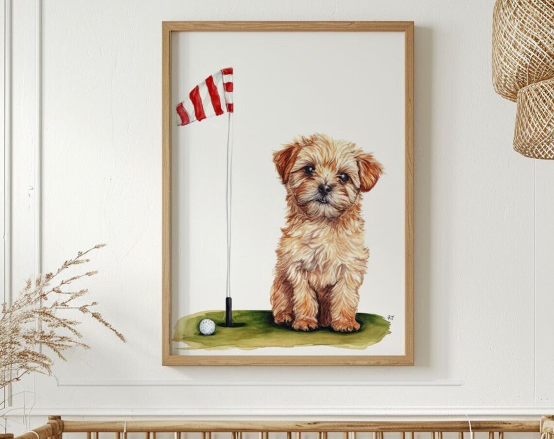 Fluffy Puppy By Golf Flag Ball Watercolor Cute Nursery Wall Art Poster