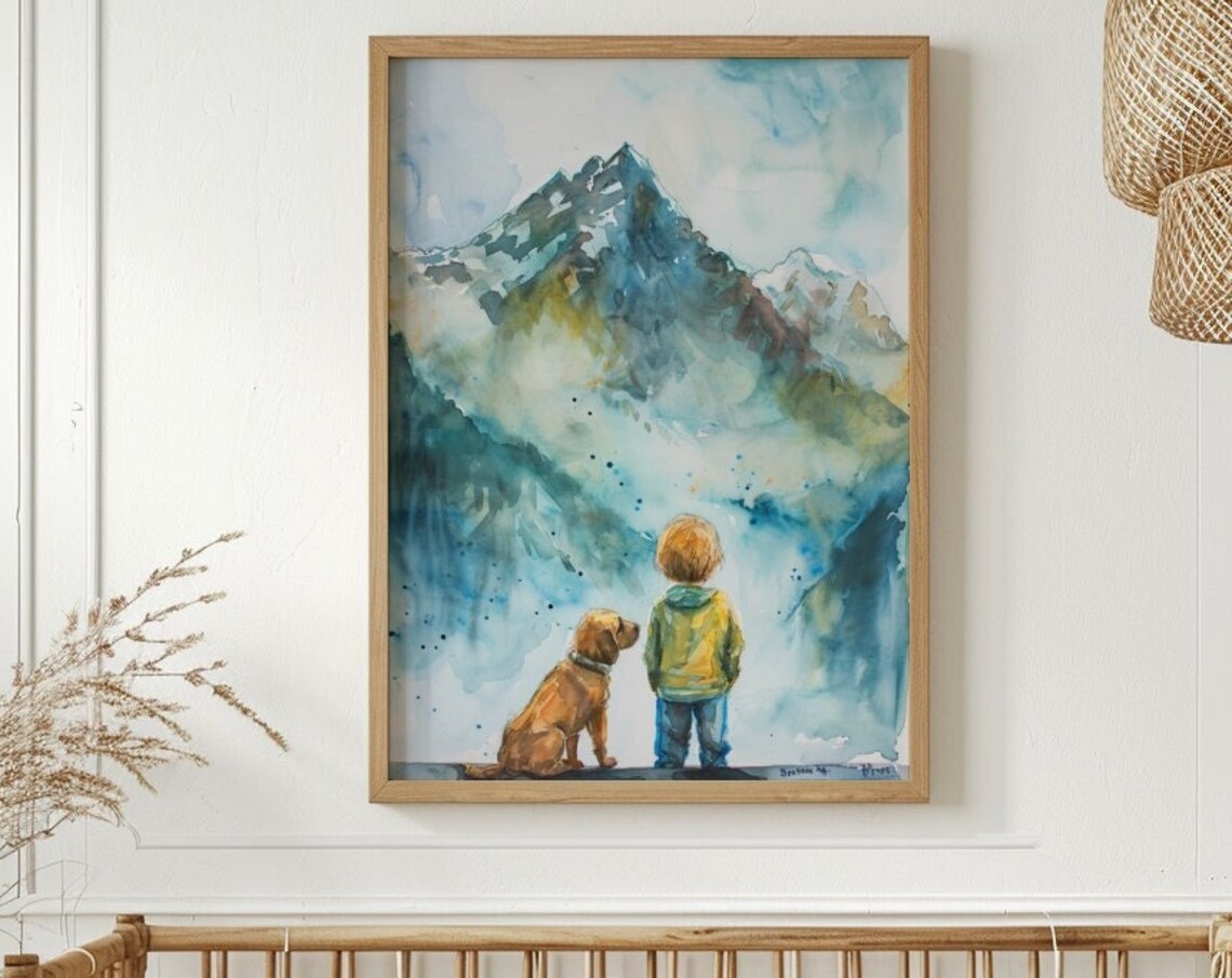 Boy And Dog Nursery Print Watercolor Painting Animal Wall Art Puppy Mountain Nature Toddler Baby Room Artwork