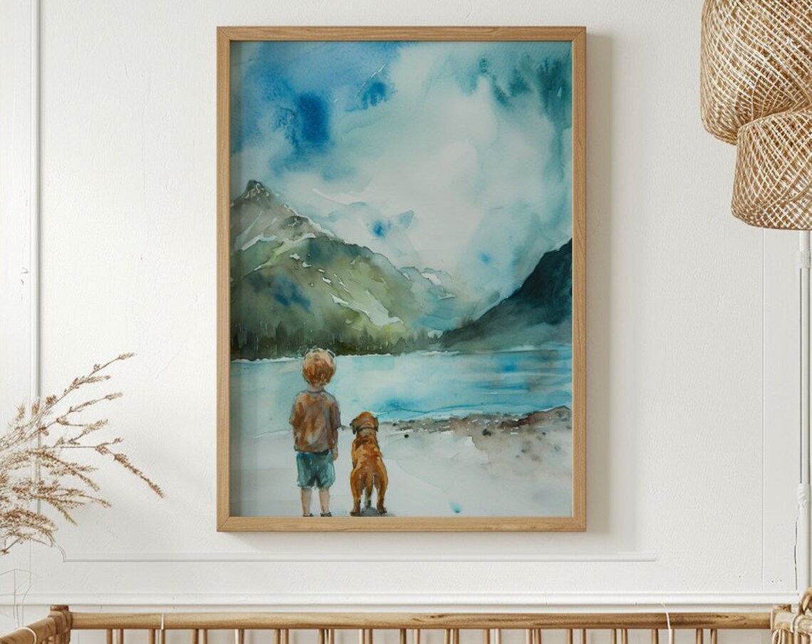 Boy And Dog Nursery Print Watercolor Painting Animal Wall Art Puppy Mountain Nature Toddler Baby Room Artwork