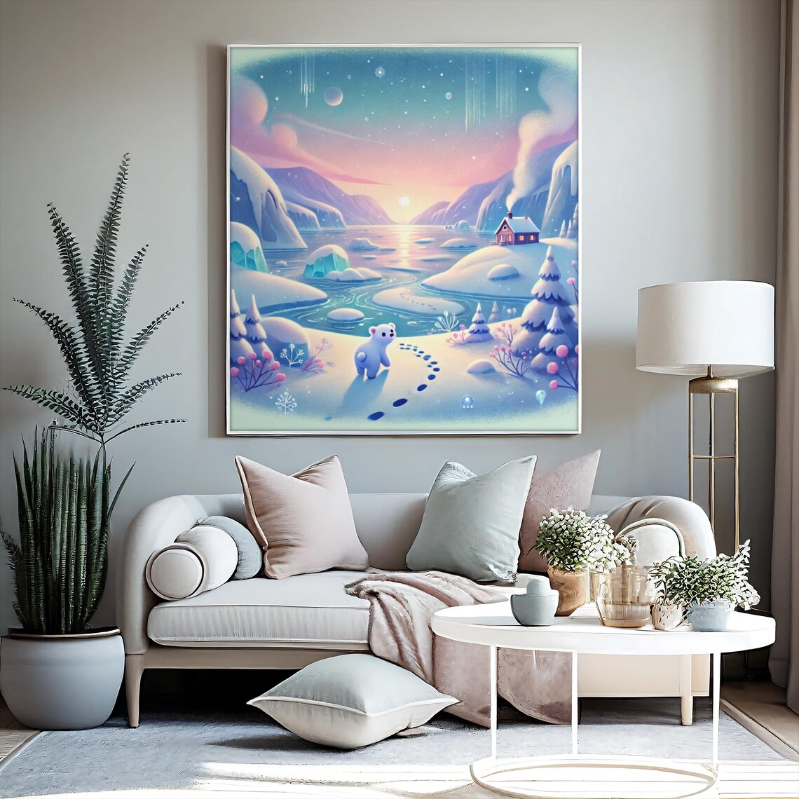 Cute Polar Bear Winter Art, Cozy Arctic Landscape - Image 3
