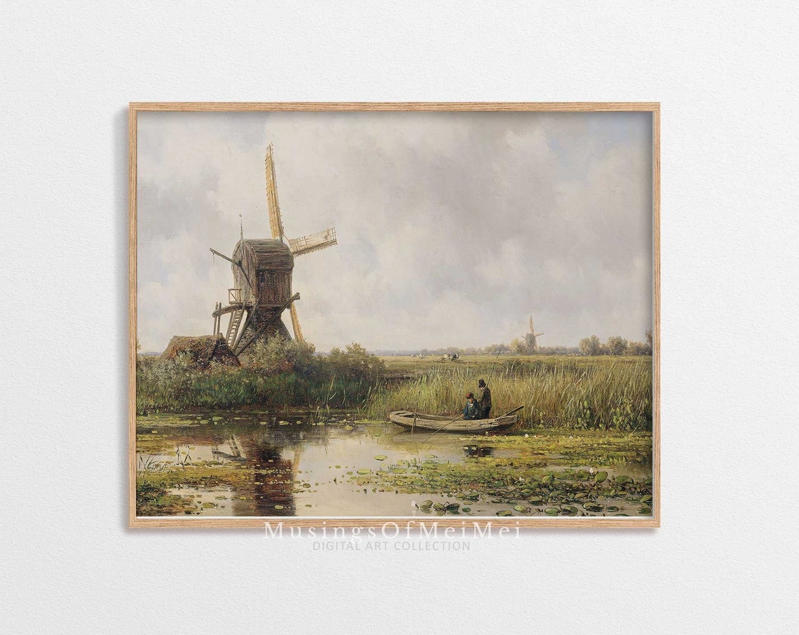 Dutch Windmill Marsh River Landscape Classic Oil Painting Poster