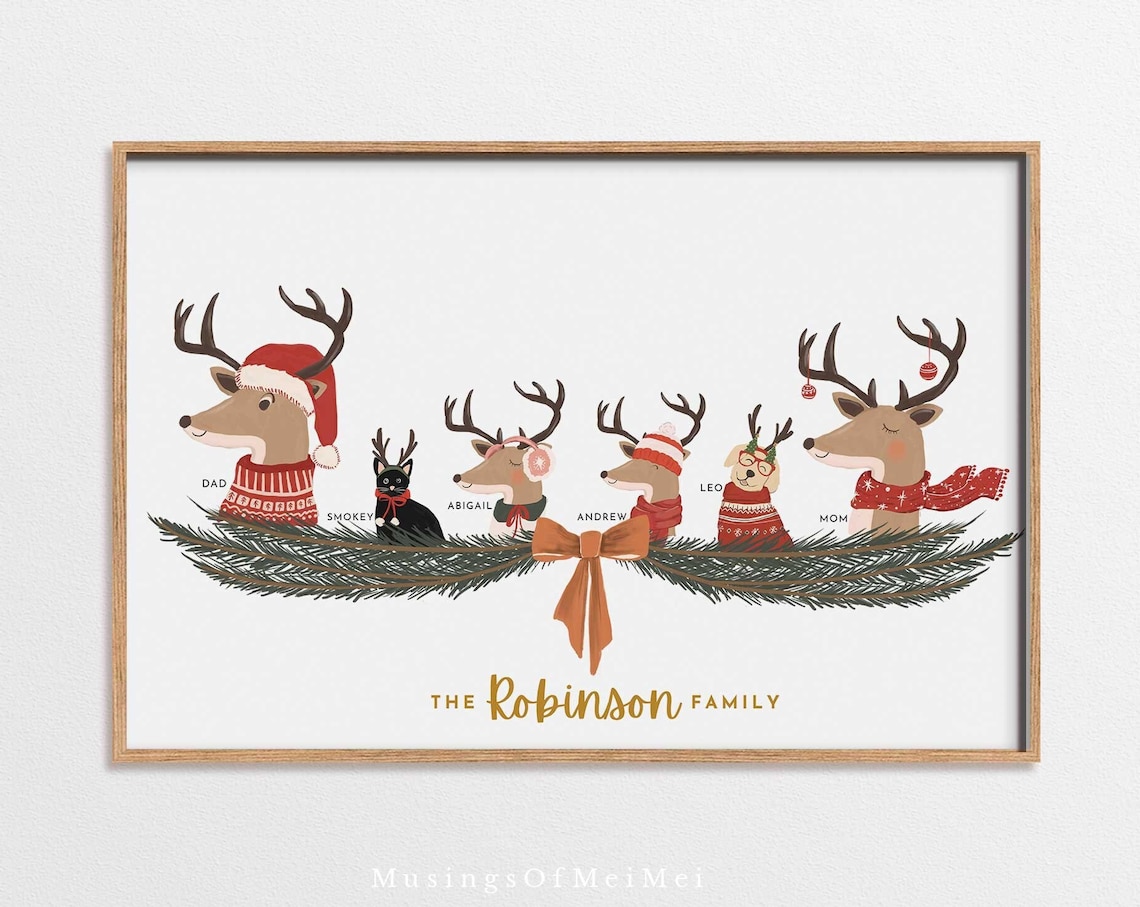Custom Family Reindeer Portrait Christmas Art Print
