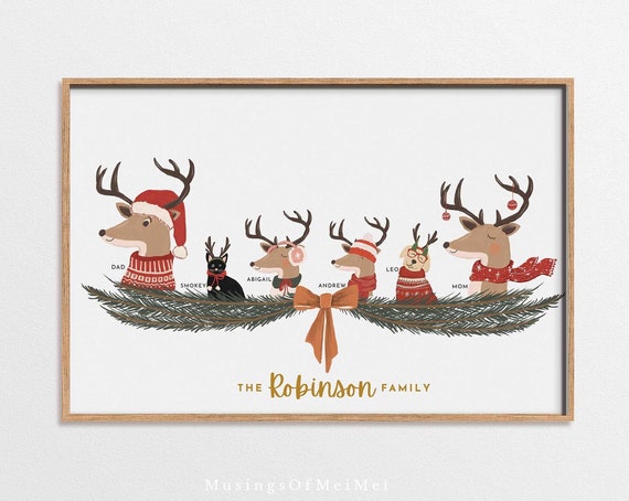 Custom Family Reindeer Portrait Christmas Art Print