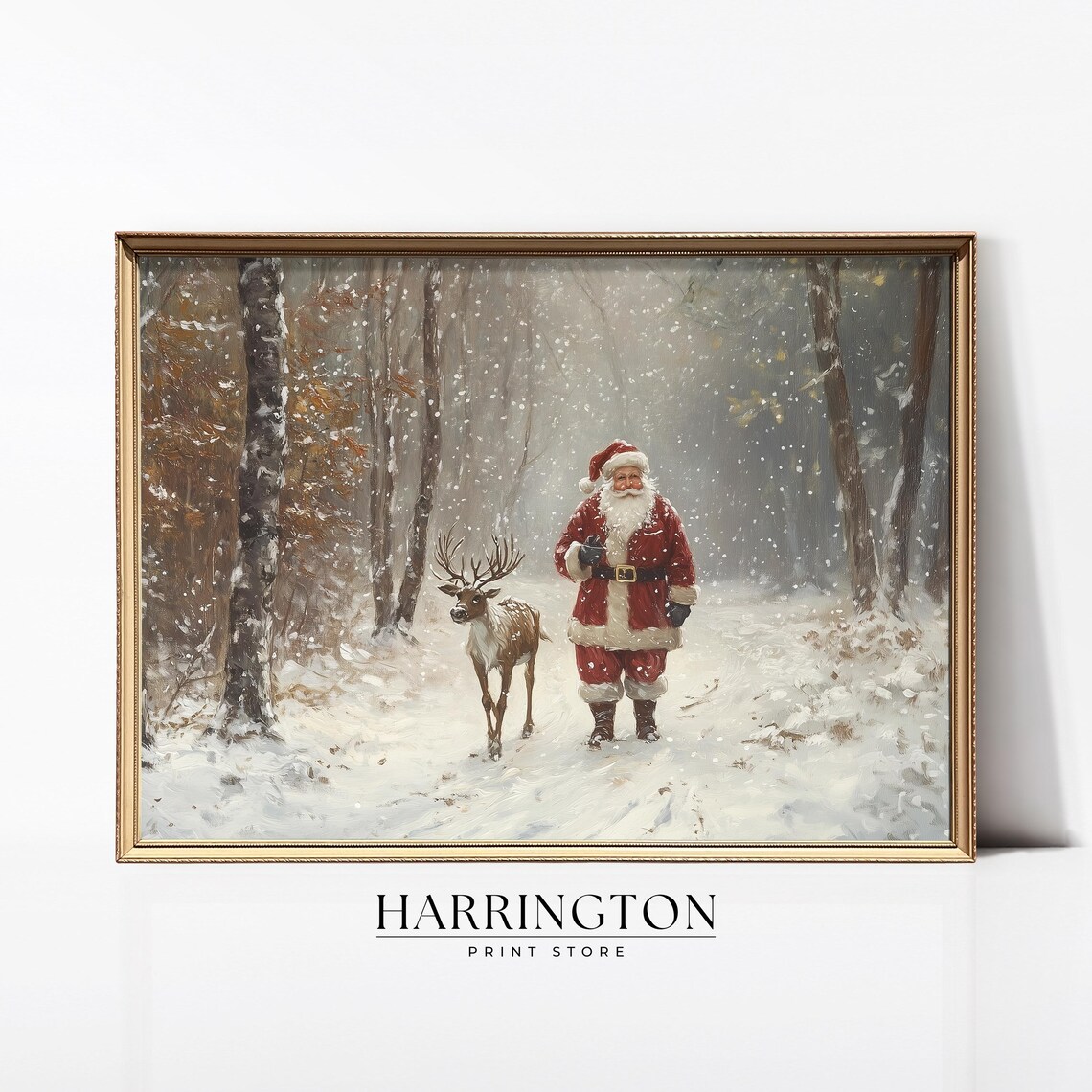 Santa Claus and Reindeer Snowy Forest Walk Vintage Christmas Poster