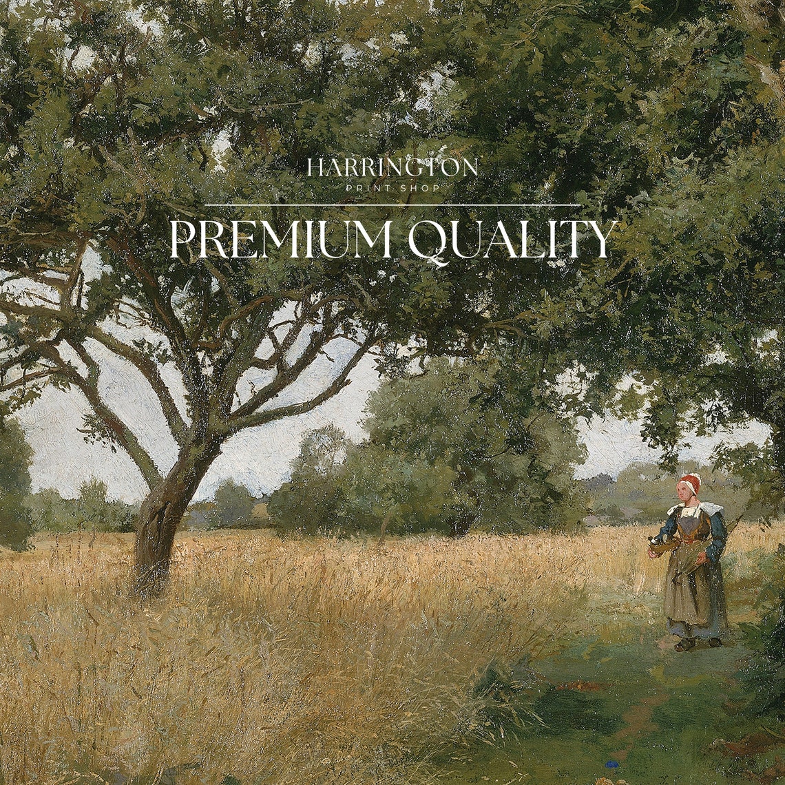 Peasant Woman Wheat Field Big Trees Golden Countryside Vintage Print - Image 4