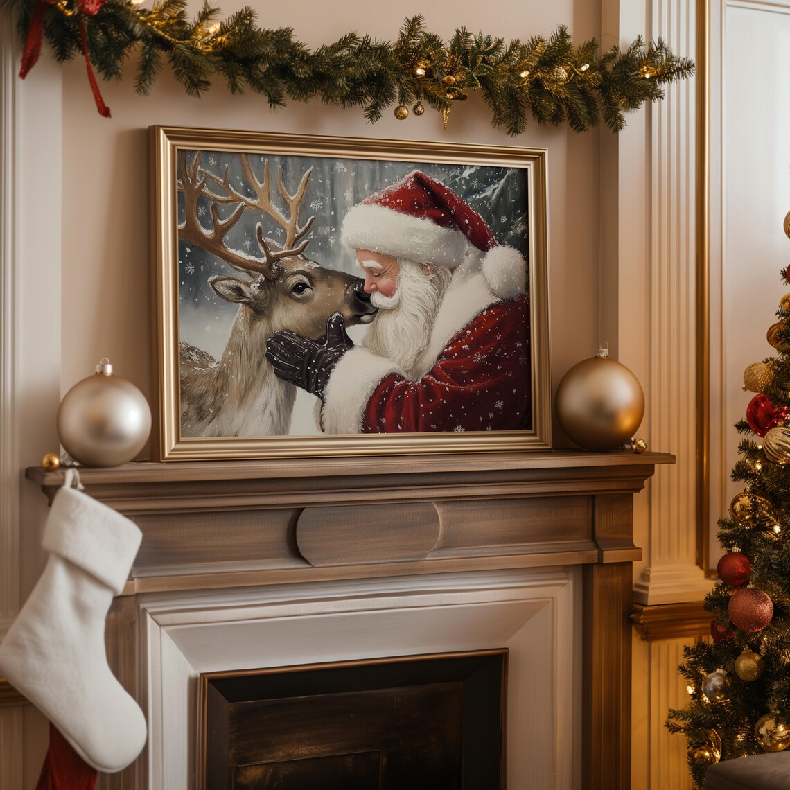 Santa Claus Nuzzling Reindeer Snowfall Vintage Christmas Art Poster - Image 5