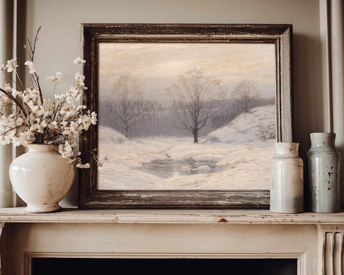 Serene Winter Forest Snowy Stream Landscape Vintage Painting Poster - Image 5