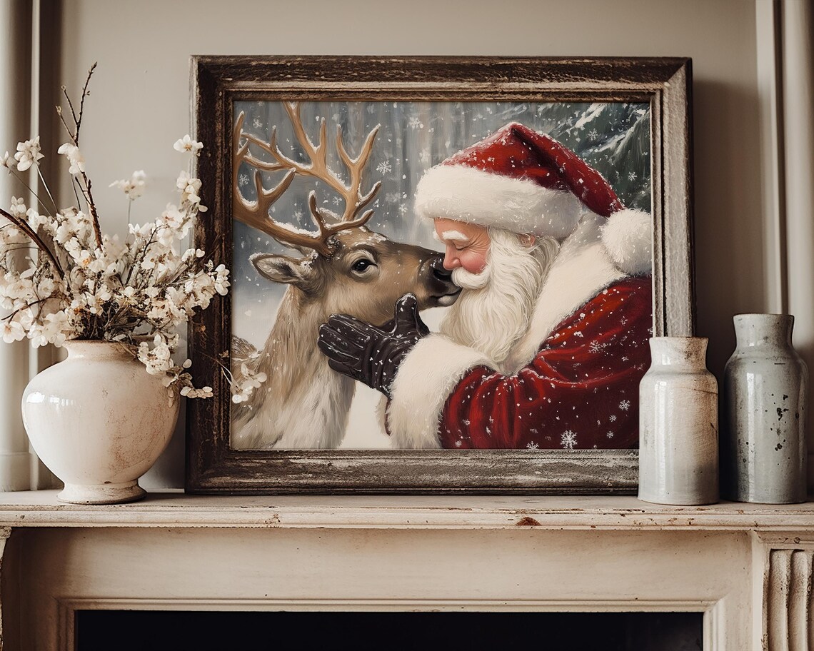 Santa Claus Nuzzling Reindeer Snowfall Vintage Christmas Art Poster - Image 4