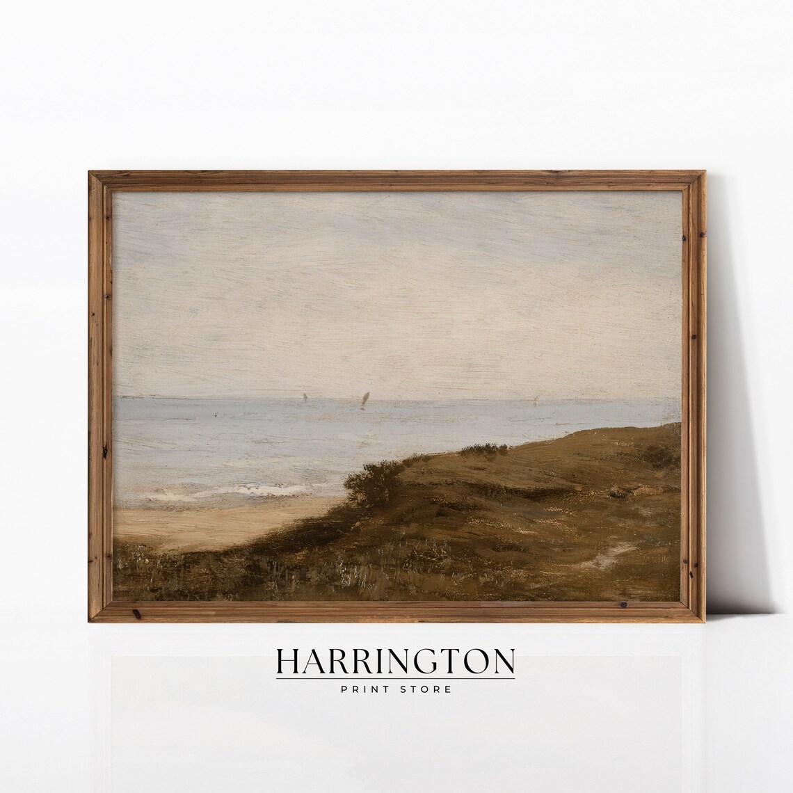 Muted Vintage Beach Cliffs Calm Sea Sailboats Neutral Wall Art Print