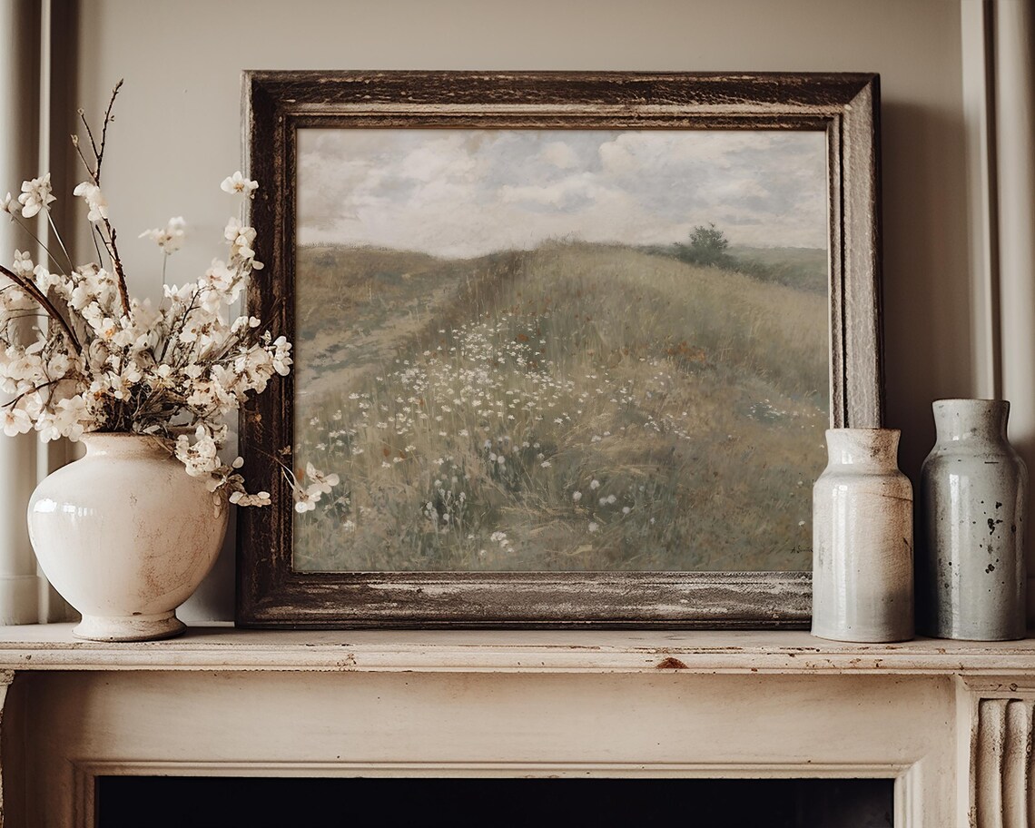 Moody Wildflower Meadow Daisies Muted Vintage Landscape Oil Poster - Image 3
