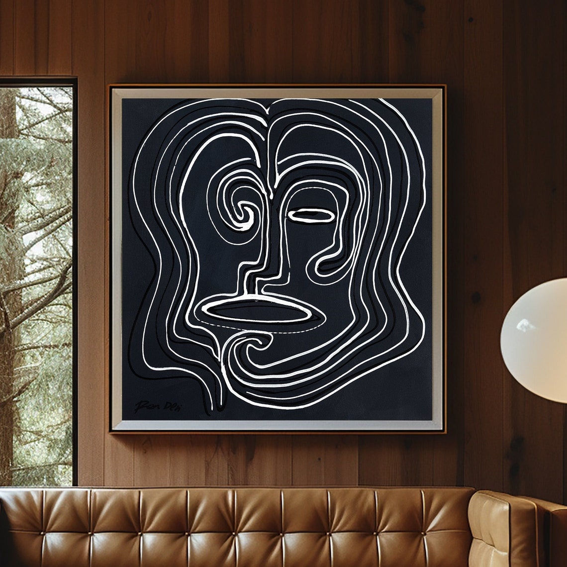 Framed White Line Face on Black Minimalist Modern Art Poster