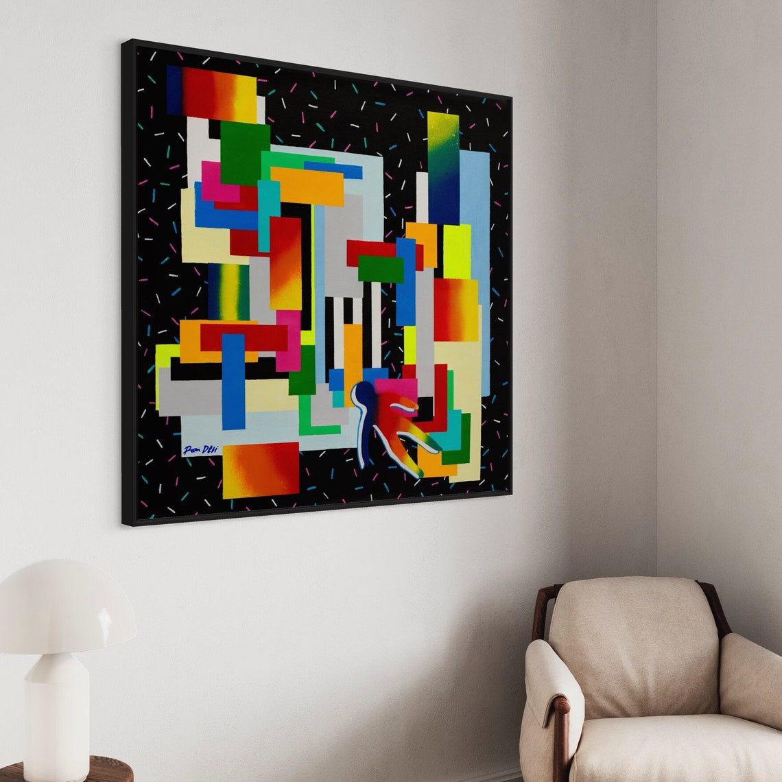 Rainbow Geometric Blocks Confetti Black Abstract Artwork Poster