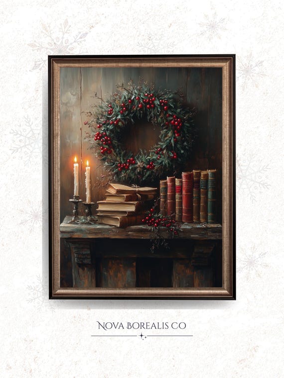 Moody Vintage Evergreen Wreath Still Life Print Rustic Cozy Decor Festive Candlelit Antique Wall Art Painting 155