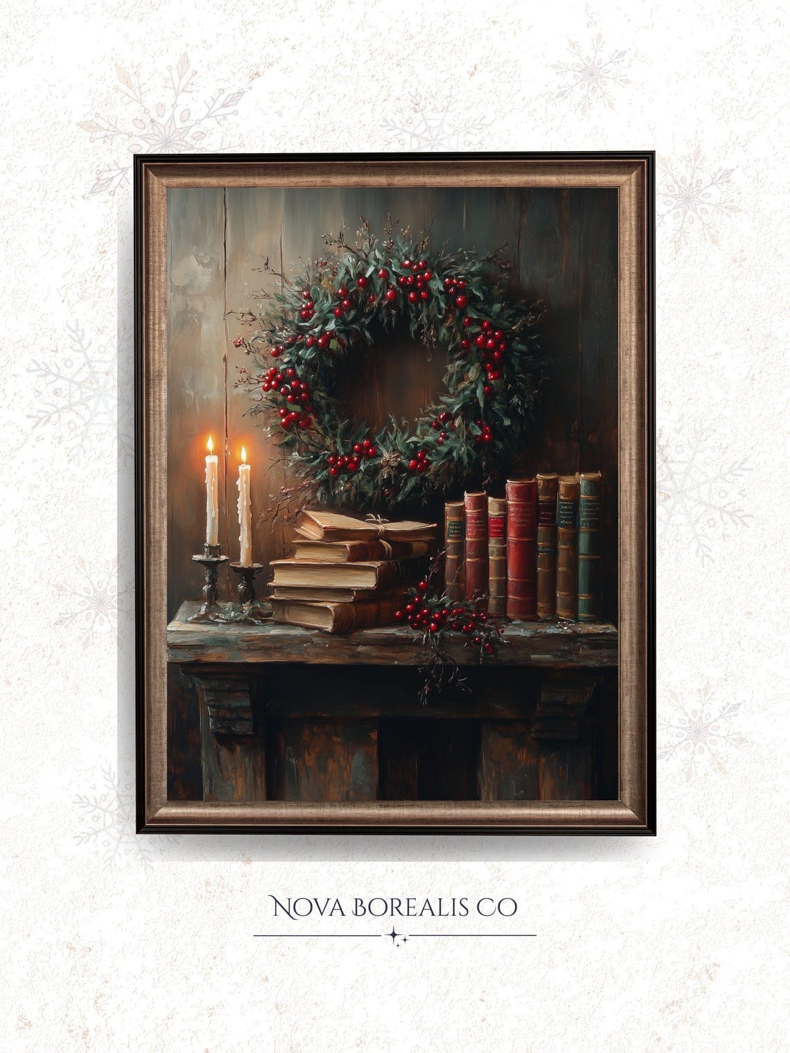 Rustic Evergreen Wreath With Red Berries Candles And Old Books Poster