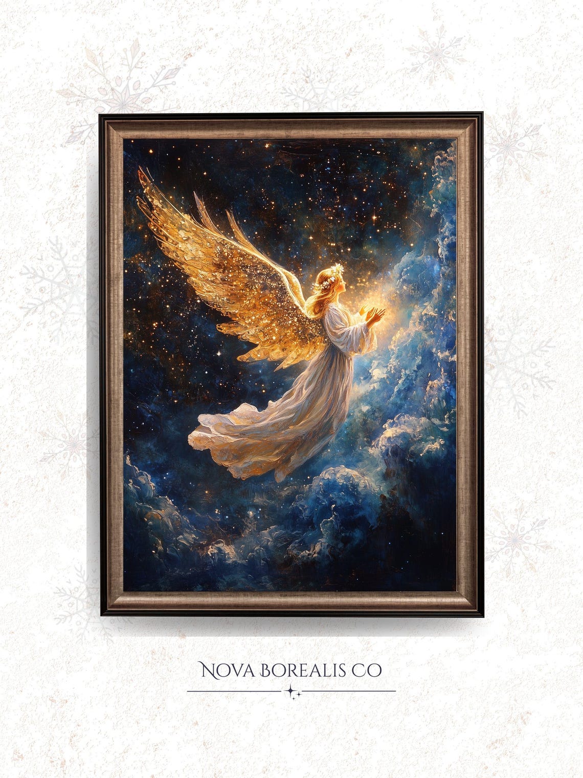 Golden Winged Angel In Starry Night Sky Celestial Art Poster